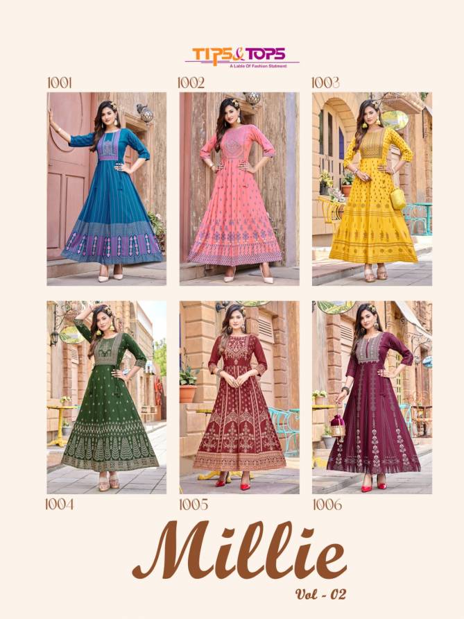Tips Tops Millie 2 Heavy Long Rayon Printed Festive Wear Kurtis Collection